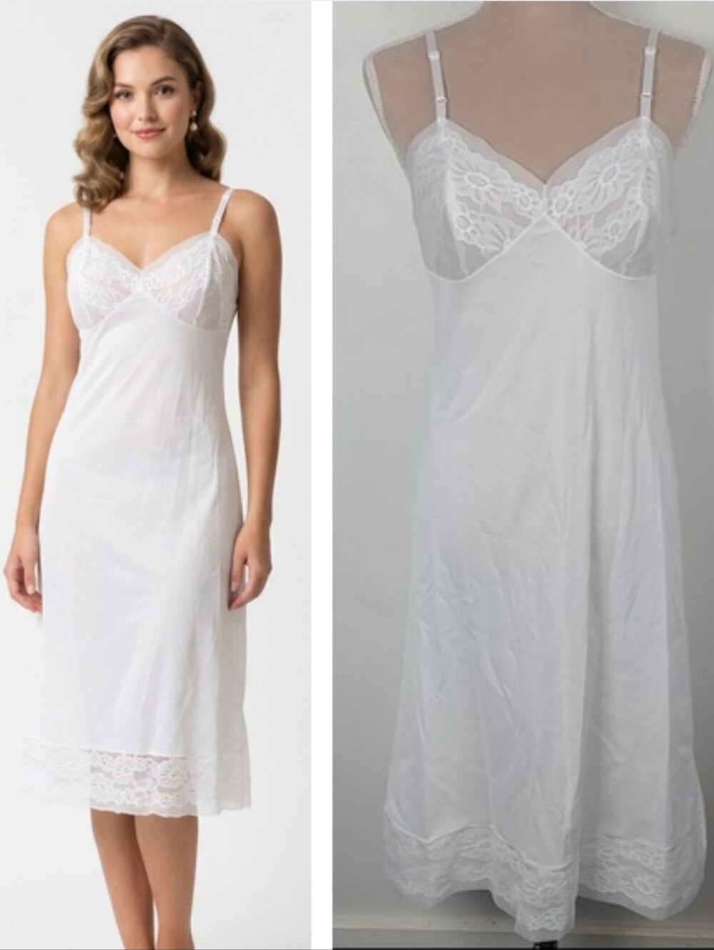 Vtg 70's  Vanity Fair Ivory White Tricot Nylon Lace Trim 26" Full Slip Dress 36